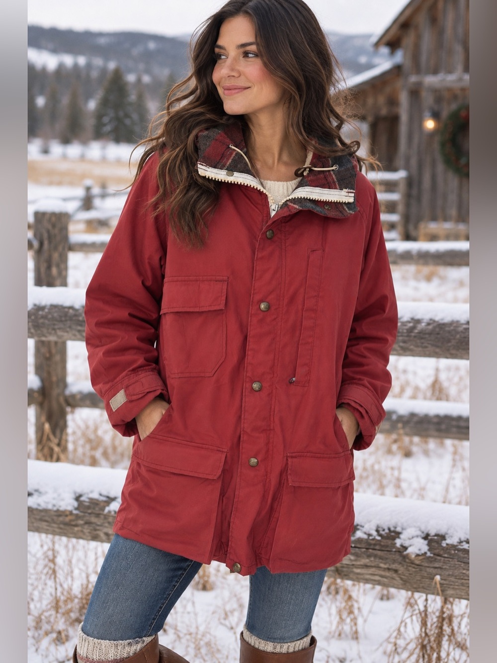 Vintage Woolrich Woman L Red Hooded Parka Plaid Lined Barn Coat Oversized Jacket